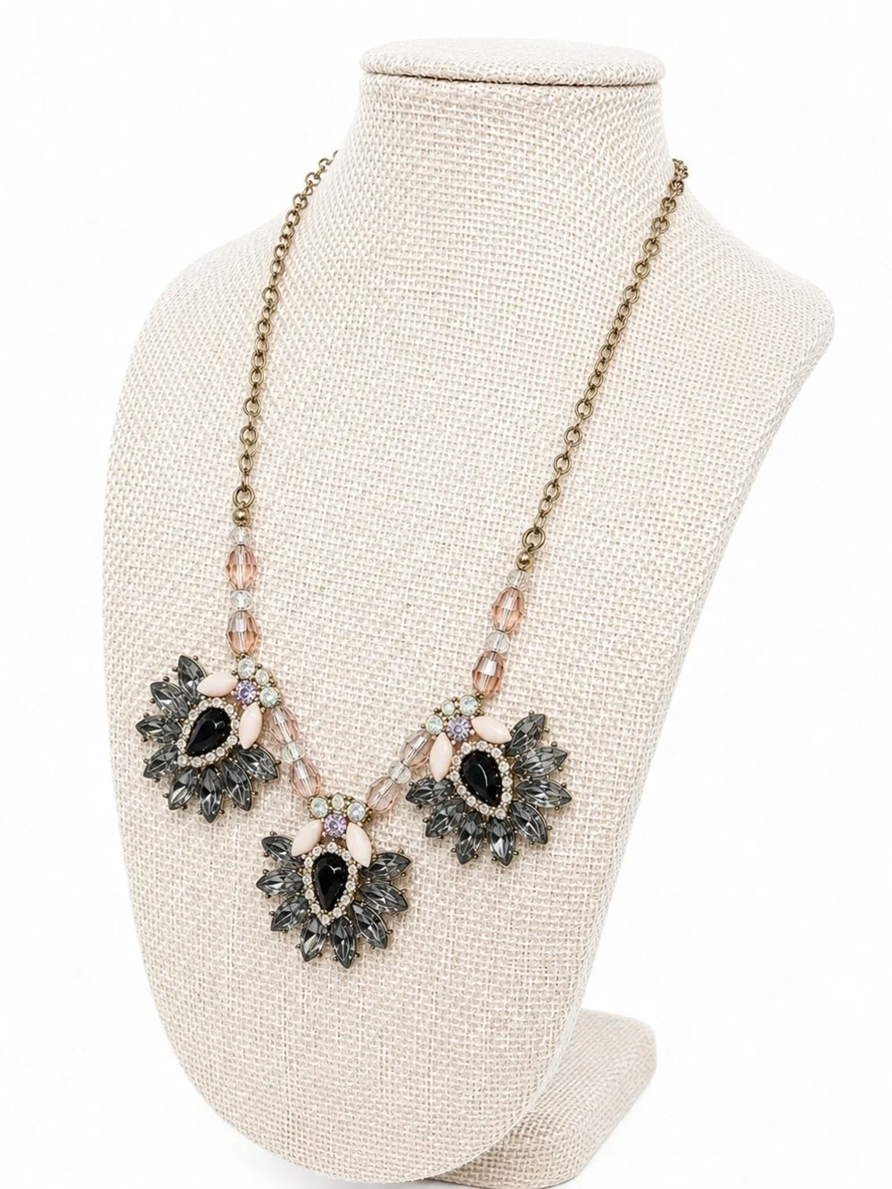 Vintage Style Blue Crystal Statement Bib Necklace Pink Beaded Floral Rhinestone